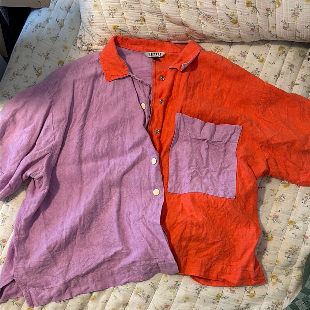 Color block boxy button up linen shirt